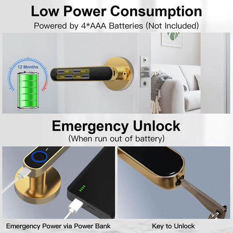 Fingerprint Door Lock With Keypad Handle And App Unlock Keyless Entry Biometric Smart Door Knob For Bedroom Hotel And Apartment Digital Lock In Gold Finish