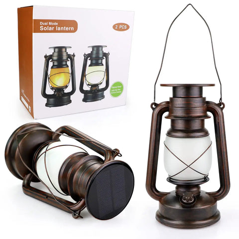 Outdoor Solar Lanterns With Flicker Flame LED, Waterproof Vintage Style Hanging Lanterns for garden, pack of 2 displayed with box