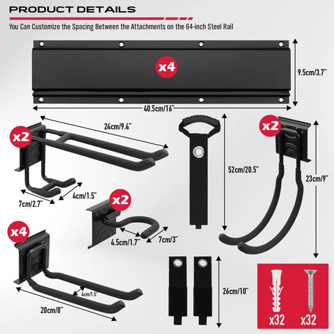 64 Inch Beast Of A Heavy Duty Garage Tool Organizer Wall Mount Rack System With Adjustable Hooks Anti Rust Alloy Steel 300 Lbs Capacity Easy Install Includes 4 Racks 10 Hooks 3 Straps, components and dimensions shown.