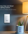 3 Way WiFi Smart Light Switches 4 Pack With 2.4GHz Connectivity installed on wall next to a lamp and potted plant