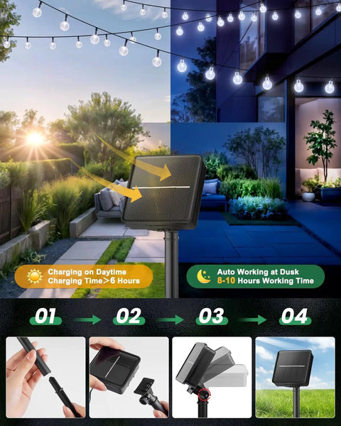2-Pack 72 Ft Solar String Lights With 120 LEDs Waterproof Outdoor Patio Lights Auto On Off 8 Modes Perfect For Garden Yard Porch Wedding Decor Pure White, charging and working instructions, patio setup.