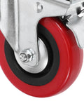 Close-up of a 3 inch stainless steel swivel caster wheel with a red surface, part of Four Piece 3 Inch Stainless Steel Swivel Caster Wheels With Twin Locking Brakes For Heavy Duty Industrial Trolleys Wire Shelving And Shop Furniture Smooth Rolling Zero Sweat Install Tough As Nails Grip.