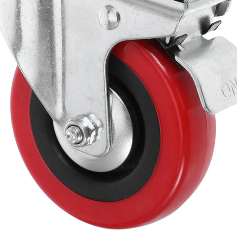 Close-up of a 3 inch stainless steel swivel caster wheel with a red surface, part of Four Piece 3 Inch Stainless Steel Swivel Caster Wheels With Twin Locking Brakes For Heavy Duty Industrial Trolleys Wire Shelving And Shop Furniture Smooth Rolling Zero Sweat Install Tough As Nails Grip.