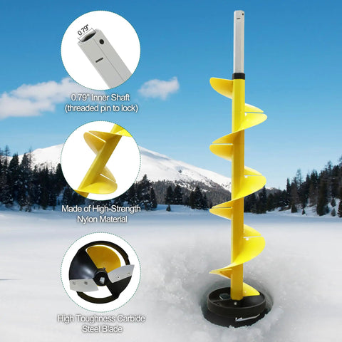 8 Inch Ice Auger For Cordless Drill With 35.95 Inch Extension Shaft in snow showing high-strength nylon and carbide blade