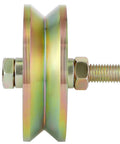 Side view of 4 Inch V Groove Wheel With Double Bearings For Inverted V Track Gate Caster, Galvanized AISI 1045 Steel, 2500 lbs capacity