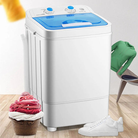 Compact Portable Washing Machine With 7.5 Liter Basin For Quick Laundry And Sneaker Scrubs Nifty Desktop Washer displayed next to clothes and shoes.