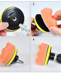 Go To Car Detailing Kit With Foam Polishing Pads And Wool Buffing Pads showing assembly process with drill adapter