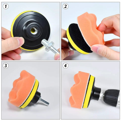 Go To Car Detailing Kit With Foam Polishing Pads And Wool Buffing Pads showing assembly process with drill adapter