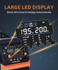 Close-up of All In One 200A Welder For Pros 4 In 1 Gas MIG Flux Core MIG Stick Lift TIG Portable Weld Machine LCD display