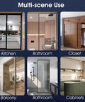 Image showing various installations of Double Bypass Sliding Closet Door Track Kit With Aluminum Box Rail And Pocket Door Hardware Easy To Cut 3mm Thick Rail 8 Wheel Hanger Set Supports Up To 100 Kg Lengths From 3 To 16 Feet Silver Finish, used in kitchen, bathroom, closet, balcony, and cabinets.