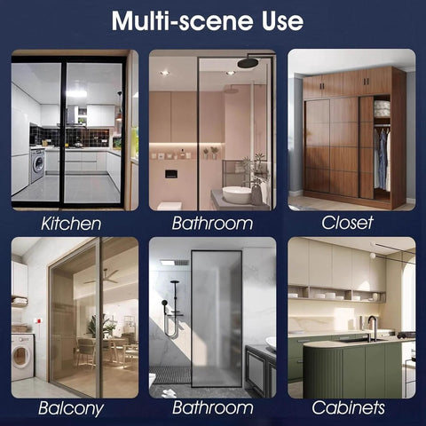 Image showing various installations of Double Bypass Sliding Closet Door Track Kit With Aluminum Box Rail And Pocket Door Hardware Easy To Cut 3mm Thick Rail 8 Wheel Hanger Set Supports Up To 100 Kg Lengths From 3 To 16 Feet Silver Finish, used in kitchen, bathroom, closet, balcony, and cabinets.