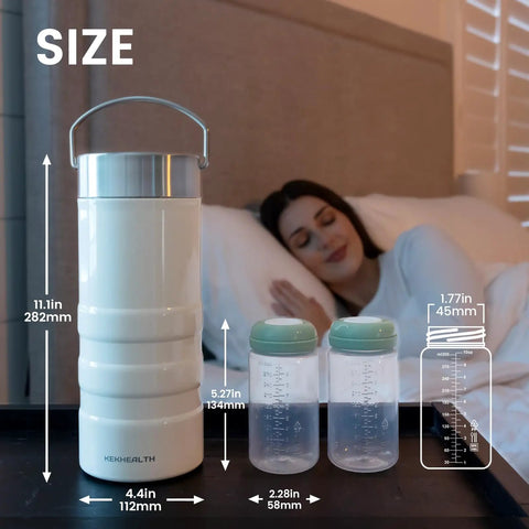 Insulated Stainless Steel Breast Milk Cooler With Cool Gel Ring Keeps Your Milk Ice Cold On The Go For Busy Mamas Who Hate Spills And Lukewarm Bottles alongside two 11oz bottles.