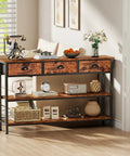 Heavy Duty 47 Inch Console Table With Upgraded Fabric Drawers And Spacious Three Tier Open Shelving Goes Smooth Behind Your Couch For Quick Living Room Update Rustic Brown Design with decor and storage.