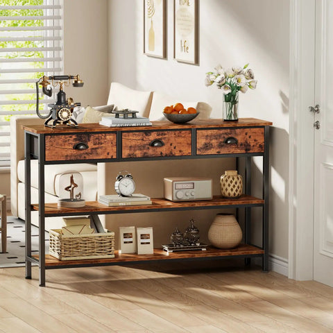 Heavy Duty 47 Inch Console Table With Upgraded Fabric Drawers And Spacious Three Tier Open Shelving Goes Smooth Behind Your Couch For Quick Living Room Update Rustic Brown Design with decor and storage.