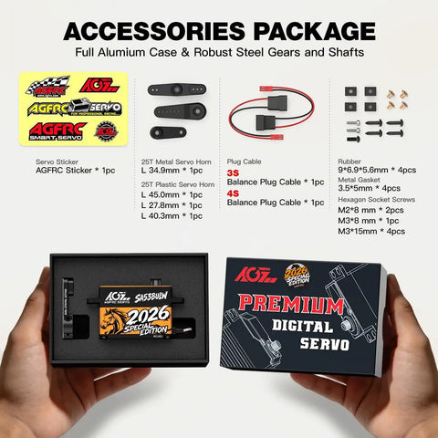 Accessories package of Beefy 34Kg Low Profile RC Servo Motor With 16.8V Direct Power Waterproof Programmable Brushless Smart Servo For 1/10 And 1/8 Scale RC Cars And Trucks SA53BULW 2026 Special Edition, including servo, stickers, wires, and screws.