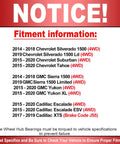 Fitment information notice for vehicles including Chevy Silverado, Tahoe, Suburban, GMC Sierra, Yukon, Cadillac Escalade XTS.