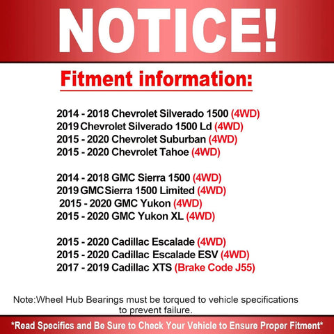 Fitment information notice for vehicles including Chevy Silverado, Tahoe, Suburban, GMC Sierra, Yukon, Cadillac Escalade XTS.