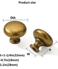Antique Brass Drawer Pulls Set 10 Pack 1.25 Inch Cabinet Knobs For Cabinets Drawers Dressers Closets Kitchen Hardware Easy DIY Upgrade Metal Handles Great For DIY Projects And Furniture Makeovers, showing two knobs with dimensions.