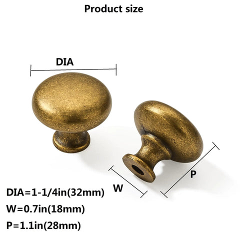 Antique Brass Drawer Pulls Set 10 Pack 1.25 Inch Cabinet Knobs For Cabinets Drawers Dressers Closets Kitchen Hardware Easy DIY Upgrade Metal Handles Great For DIY Projects And Furniture Makeovers, showing two knobs with dimensions.
