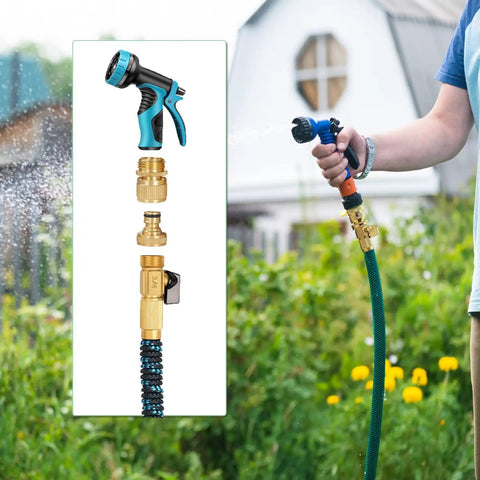 Solid Brass Garden Hose Quick Connector Set Three Quarter Inch Fittings No Leak Easy Connect Male And Female 6 Pack attached to a green hose in use.