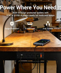 Heavy Duty Adjustable Workbench Legs With Power Outlets And Rubber Pads Set Of 4 Built Tough For DIY Computer Desk 25.6 To 33.8 Inches High And 19.6 Inch Deep Metal Frame Kit installed with devices connected to outlets.
