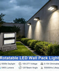 80W Rotatable LED Wall Pack Light illuminating outdoor area, mega bright 10400 lumens at 5000K, adjustable heads, weatherproof UL listed