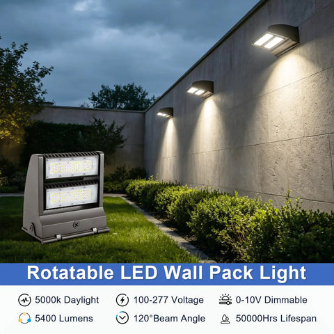 80W Rotatable LED Wall Pack Light illuminating outdoor area, mega bright 10400 lumens at 5000K, adjustable heads, weatherproof UL listed