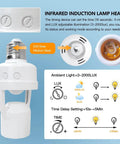 Two Pack Motion Activated Light Socket Adapters For E26 E27 Screw In Lamps, Easy Add On Auto On Off Sensor Lighting, Dusk To Dawn Indoor Lights For Porch Garage Basement, white E26 base adapter with motion sensor dials
