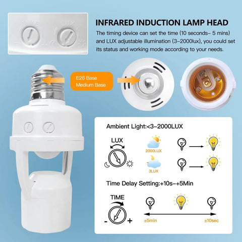 Two Pack Motion Activated Light Socket Adapters For E26 E27 Screw In Lamps, Easy Add On Auto On Off Sensor Lighting, Dusk To Dawn Indoor Lights For Porch Garage Basement, white E26 base adapter with motion sensor dials