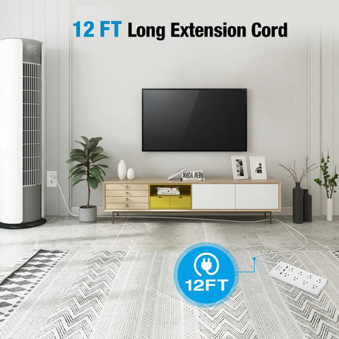 Room setup with Long Reach 12 Foot Surge Protector Power Strip With Eight Outlets, connecting TV and decor, highlighting 12ft cord length