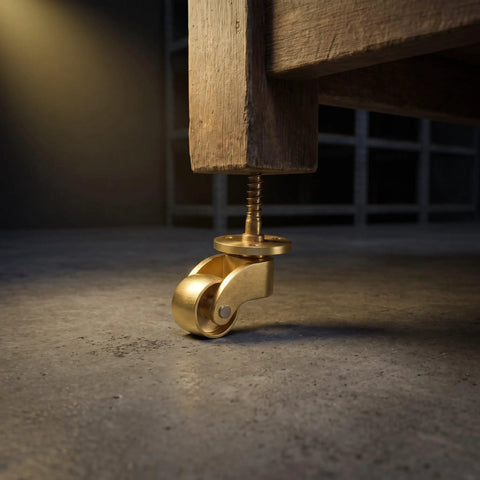 Heavy Duty Vintage Brass Swivel Caster Wheels With Cushioned Rubber Tread Set Of 4 under a wooden table leg, showcasing detailed construction.