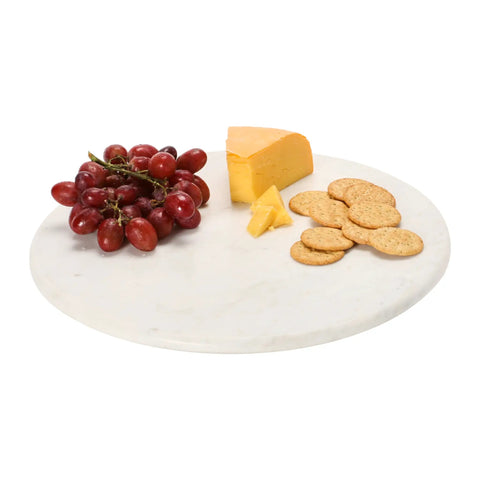 Top Shelf Smooth Spin White Marble Lazy Susan 14 Inch Rolling Turntable with cheese, grapes, and crackers for snacks.