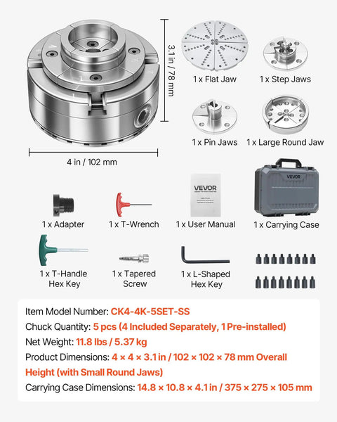 Built Tough 4 Inch Wood Lathe Chuck 4 Jaw Self Centering Bevel Gear Set With 1 Inch 8 TPI Thread And Adapter, parts displayed