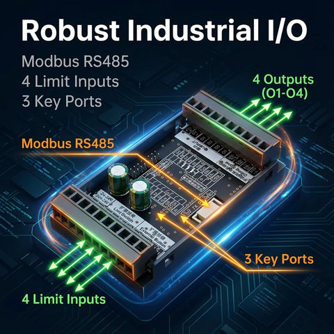 Ransanx stepper motor controller board in isometric view, DC 12-24V, RS485 Modbus, 4 outputs