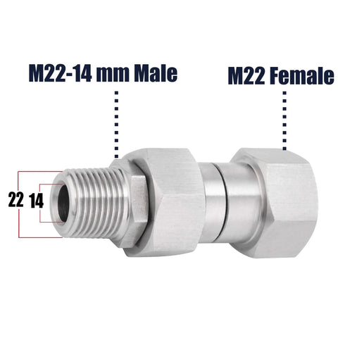 High Performance Pressure Washer Swivel Fitting With M22 14mm Threads 4500 PSI 360 Degree Rotation No Sweat Hose Twist Hot Water Compatible Up To 120 Celsius Eliminates Hose Twist And Kink Reduces Strain On Your Gun And Hose. M22-14 mm male to M22 female swivel connector