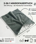 Glasses cleaning microfiber cloth, gray, 30 x 20 cm, with EYESHAKER label and 2-in-1 opening design