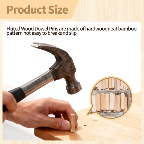 Eight Size Fluted Wooden Dowels 225 Pieces In Quarter, Five Sixteenths, And Three Eighths being used with hammer