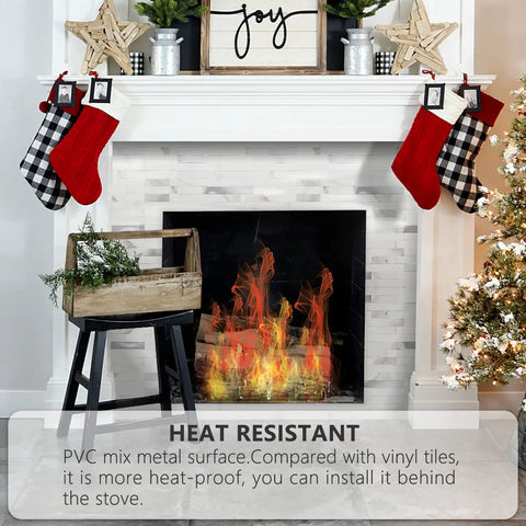 Fireplace with red stockings, Peel And Stick Backsplash For Kitchen PVC Wall Tiles 10 Sheets Statuario White With Metal Silver