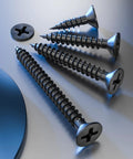 Professional Grade Black Self Tapping Screws combined with 150 Corrosion Resistant Drywall Plastic Anchors for Rock Solid Mounts, close-up of screws.
