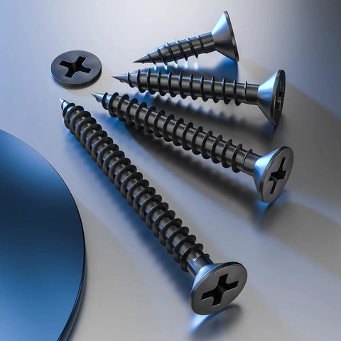 Professional Grade Black Self Tapping Screws combined with 150 Corrosion Resistant Drywall Plastic Anchors for Rock Solid Mounts, close-up of screws.