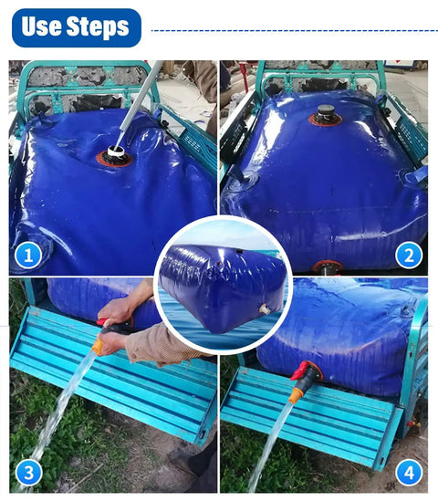 Portable Water Bladder Tank for RV Truck Camper Emergency Rainwater Collection Garden Irrigation and Home Water Storage Flexible Soft Bag in 20 to 1500 Gallon Capacities Faucet Hose Connection for Easy Pour use steps