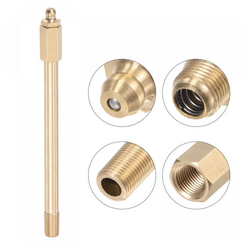 Brass Straight Grease Fitting Set With G1 8 Thread, 160mm Length close-up of fittings showing threads and hex nut.