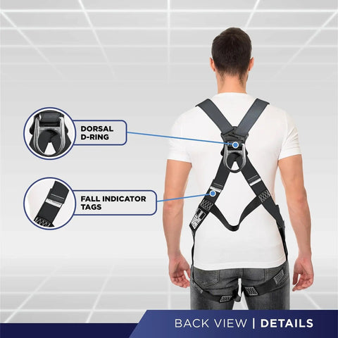 Back view of Roofer Ready Roof Harness Safety Kit with dorsal D-ring and fall indicator tags visible.