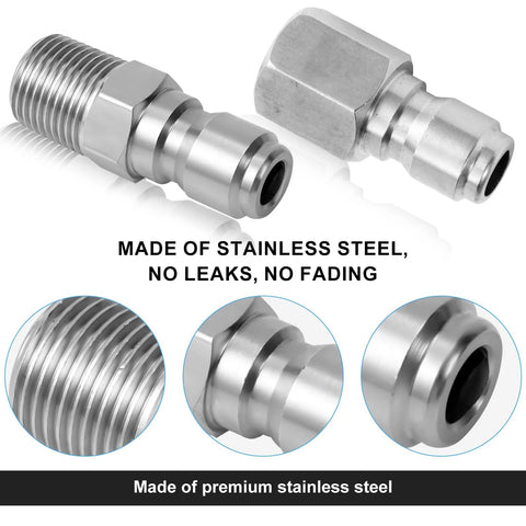 Two stainless steel 1/4 in quick-connect pressure washer fittings; 2-pack, side and close-up views show threads.