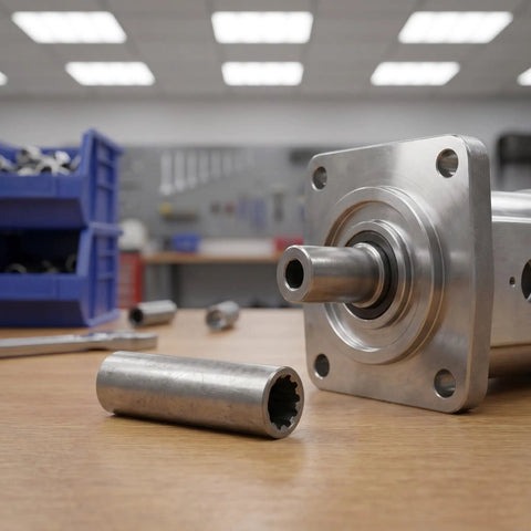 Heavy Duty Steel Car Lift Machine Pump Coupler Shaft With Vibration Reduction And Efficient Torque Transfer Silver on workshop table