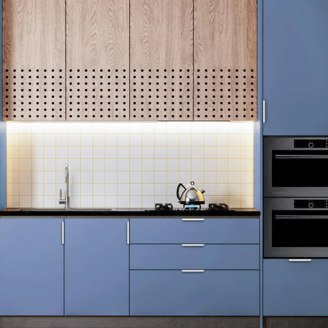 Modern kitchen with blue cabinets featuring 10 Pack Finger Pulls for Cabinets and Drawers 128mm Center Hole 150mm Length Silver Zinc Alloy Edge Pulls.
