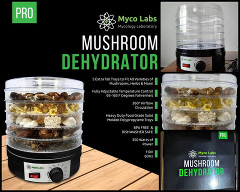 Slick 350 Watt Mushroom Dehydrator With Adjustable Temperature Control And Five Extra Tall Trays That Gonna Dry Your Fresh Herbs Hella Crisp While 360 Airflow Handles Batches Whole No Sweat Ever, showing five stacked trays with herbs and mushrooms.