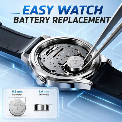 Inside a watch case with a 377 SR626SW battery being replaced, showcasing 10 Pack Sr626sw And 377 Watch Batteries 1.55V Silver Oxide Button Cells Delivering Top Shelf Long Haul Power For Precision Watches And Gadget Gear Built Tough Everyday Use With Zero Sweat Reliability.