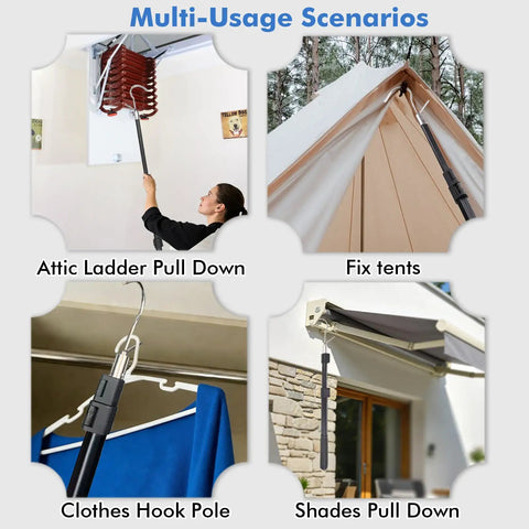 Multi-usage scenarios of Beefy Attic Pull Down System Kit with adjustable reach for attic, tent, clothes, and shades.