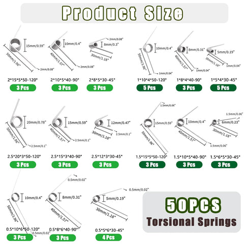 50-piece torsional springs assortment kit, 304 stainless steel, 15 sizes with 45/90/120 degree angles for home DIY repairs